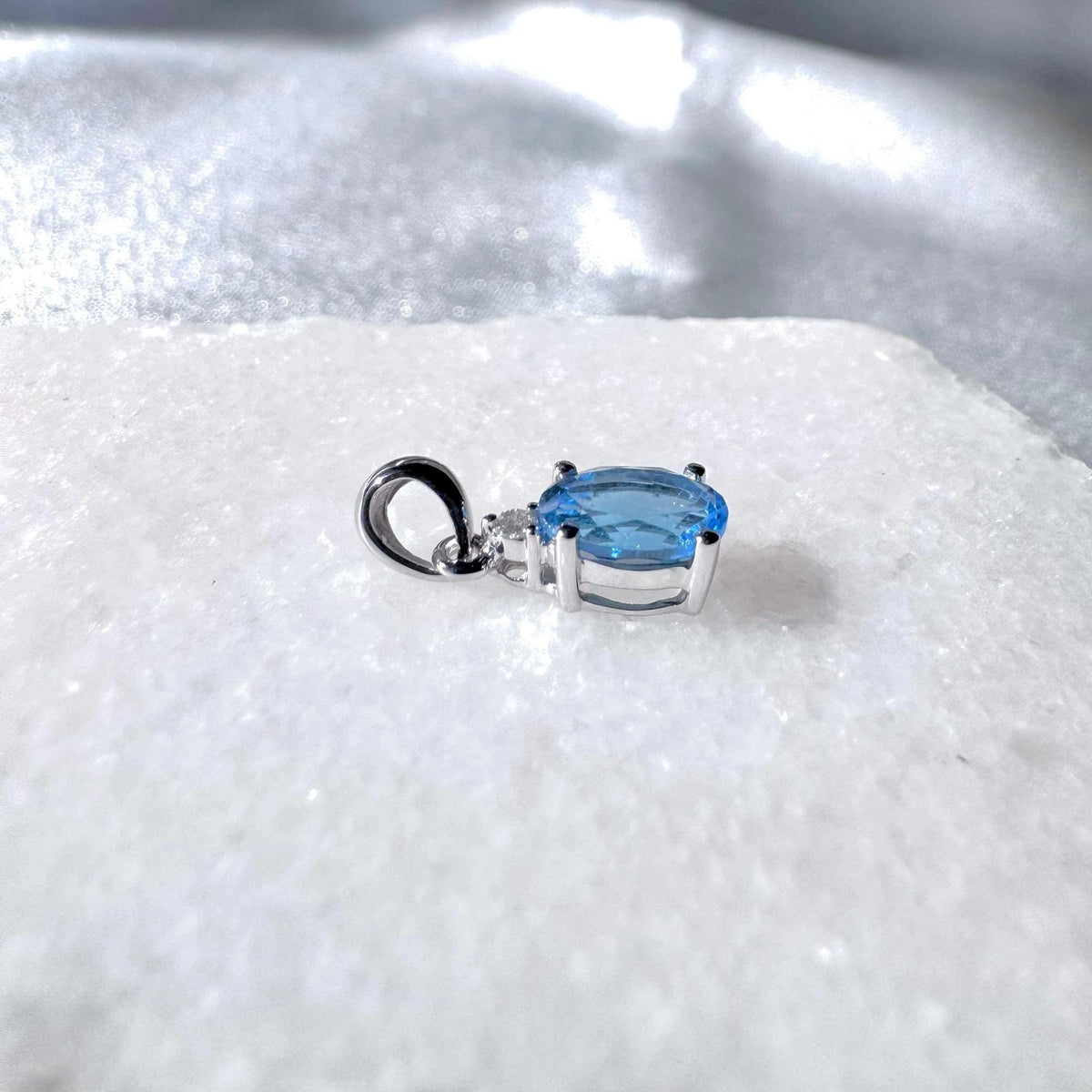Genuine Blue Topaz and Diamond Oval Cut Pendant / 14k Solid Gold
