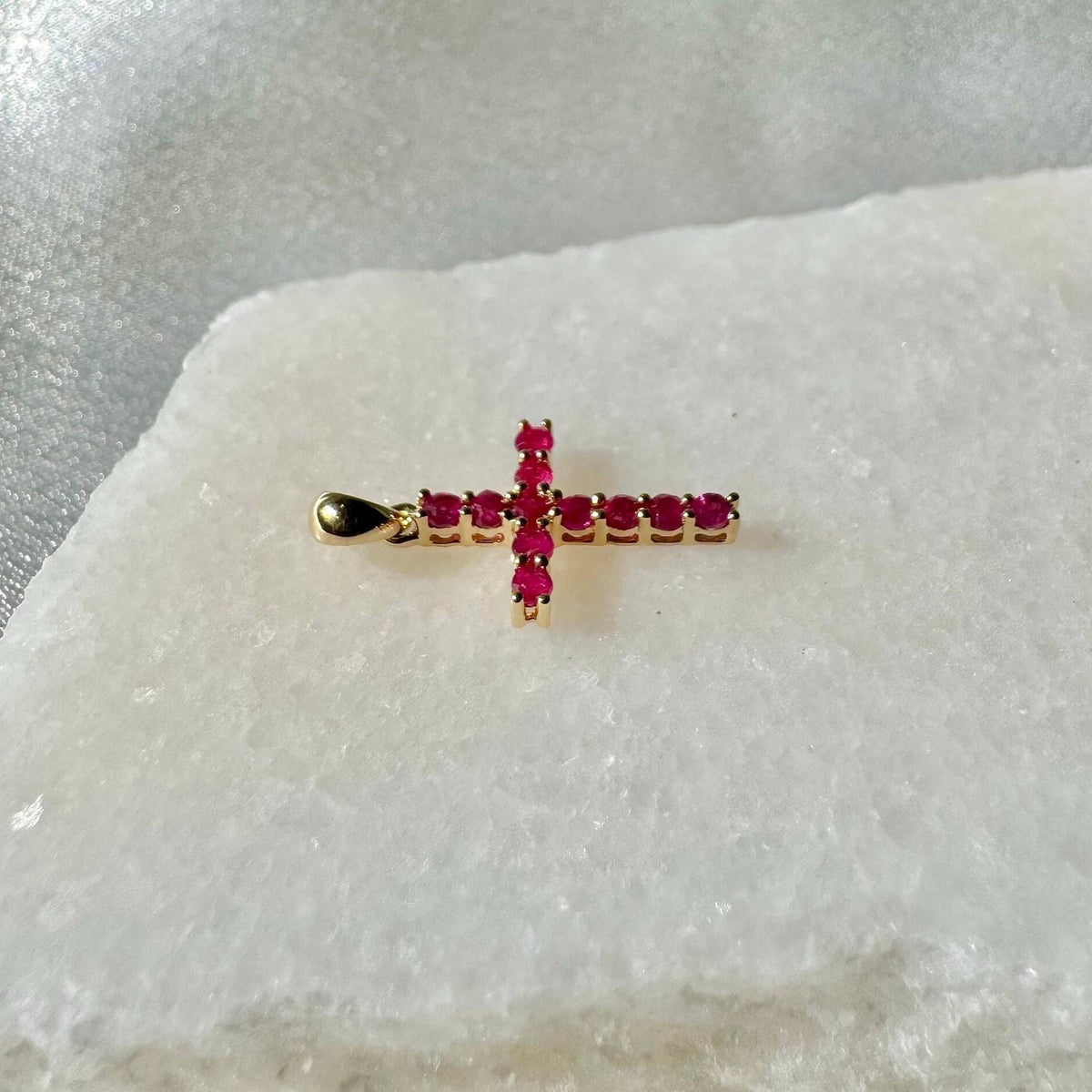 Genuine Ruby Round Cut Cross Pendant (Large) | 14k Solid Gold