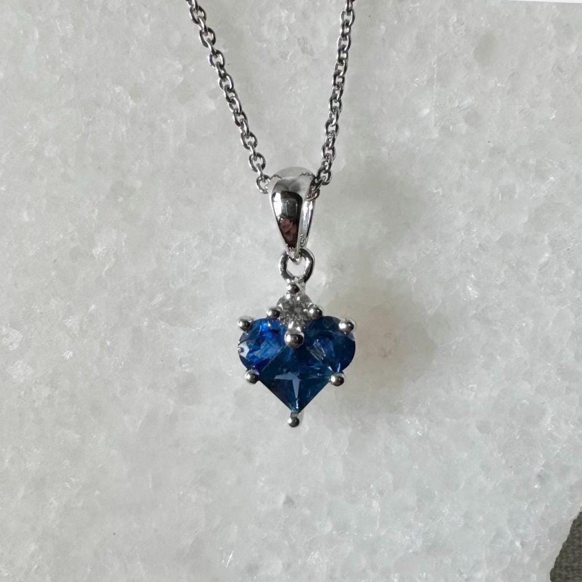 Genuine Sapphire and Diamond Heart Pendant, 14k Solid Gold, September Birthstone, Gift for Her