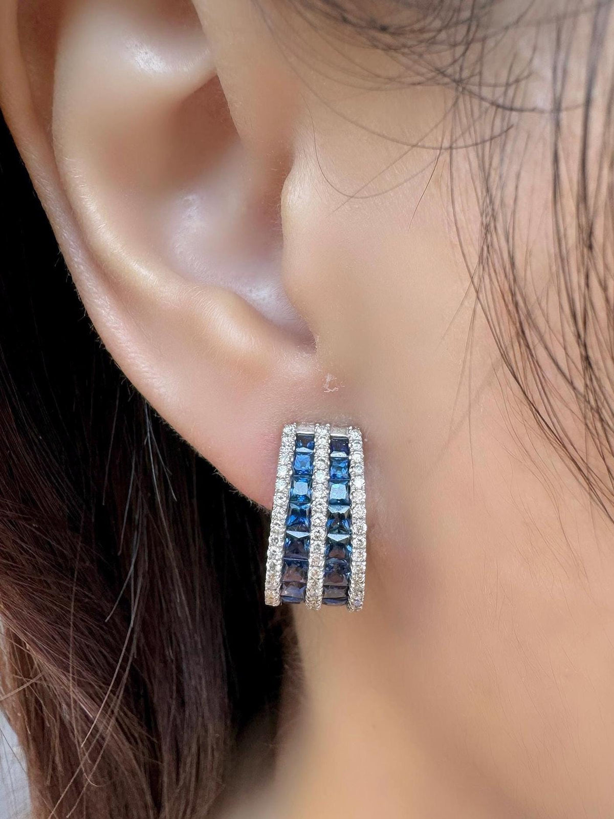 Genuine Large Sapphire and Diamond Semidome Earrings / 14k Solid White Gold