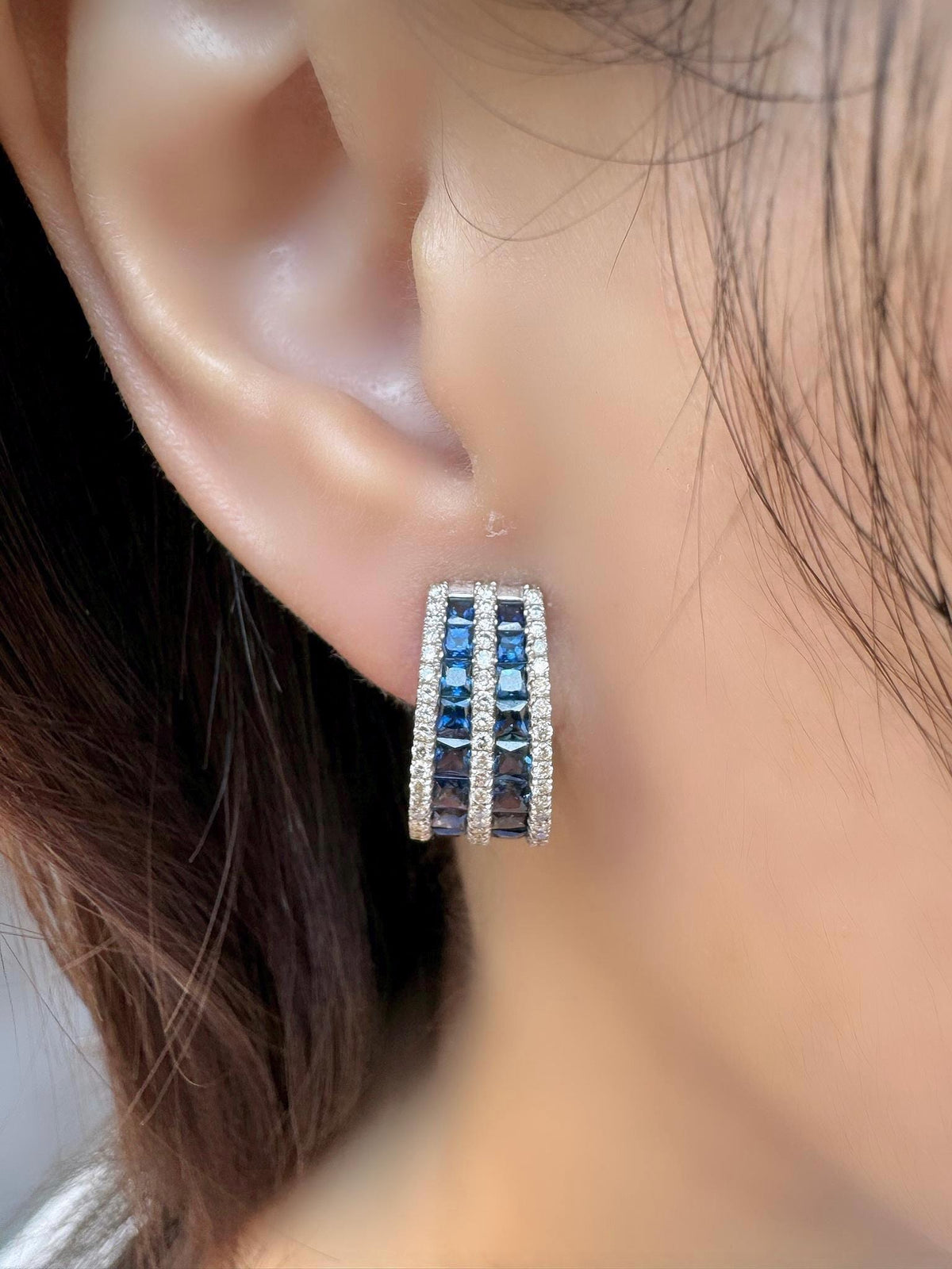 Genuine Large Sapphire and Diamond Semidome Earrings / 14k Solid White Gold