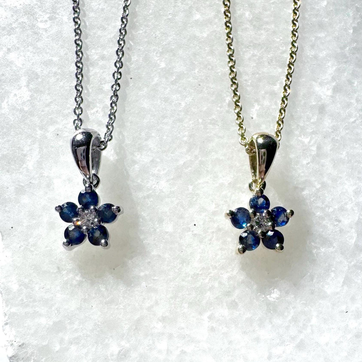 Genuine Sapphire and Diamond Flower Pendant (Mini) in 14k Solid Gold