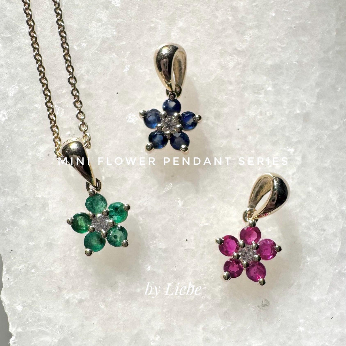 Genuine Sapphire and Diamond Flower Pendant (Mini) in 14k Solid Gold