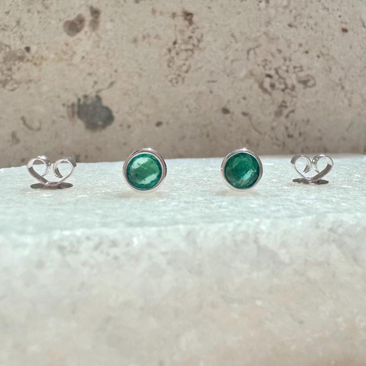 Genuine Emerald Round Bezel Stud Earrings 4.5MM / 14k Solid Gold