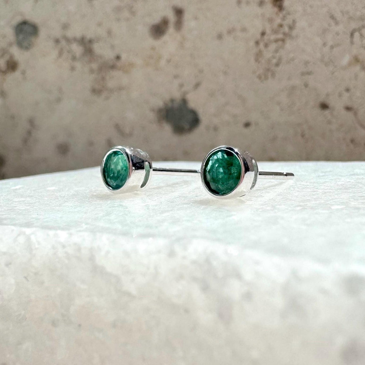 Genuine Emerald Round Bezel Stud Earrings 4.5MM / 14k Solid Gold