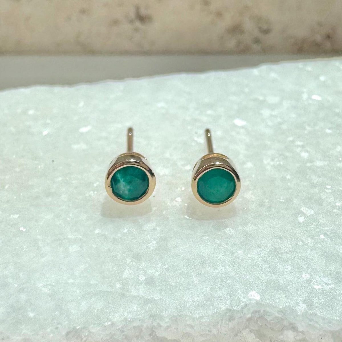 Genuine Emerald Round Bezel Stud Earrings 4.5MM / 14k Solid Gold