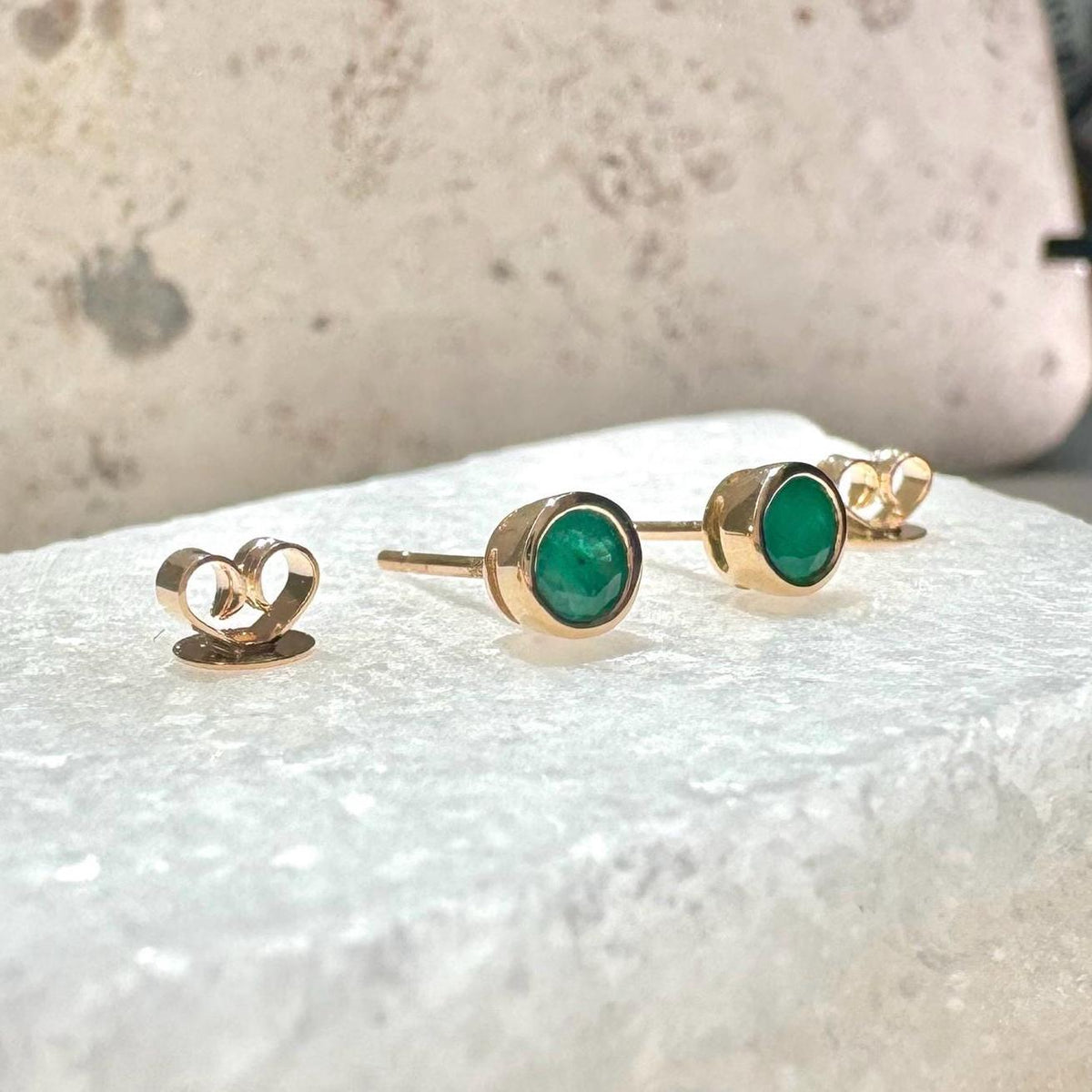 Genuine Emerald Round Bezel Stud Earrings 4.5MM / 14k Solid Gold