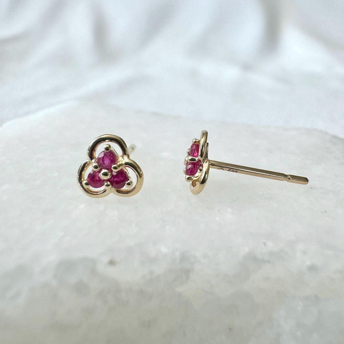 Genuine Ruby Trio Studs / 14k Solid Gold