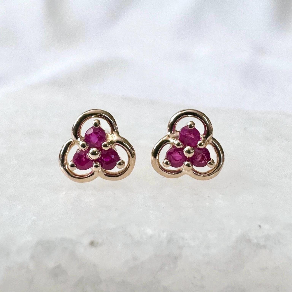 Genuine Ruby Trio Studs / 14k Solid Gold