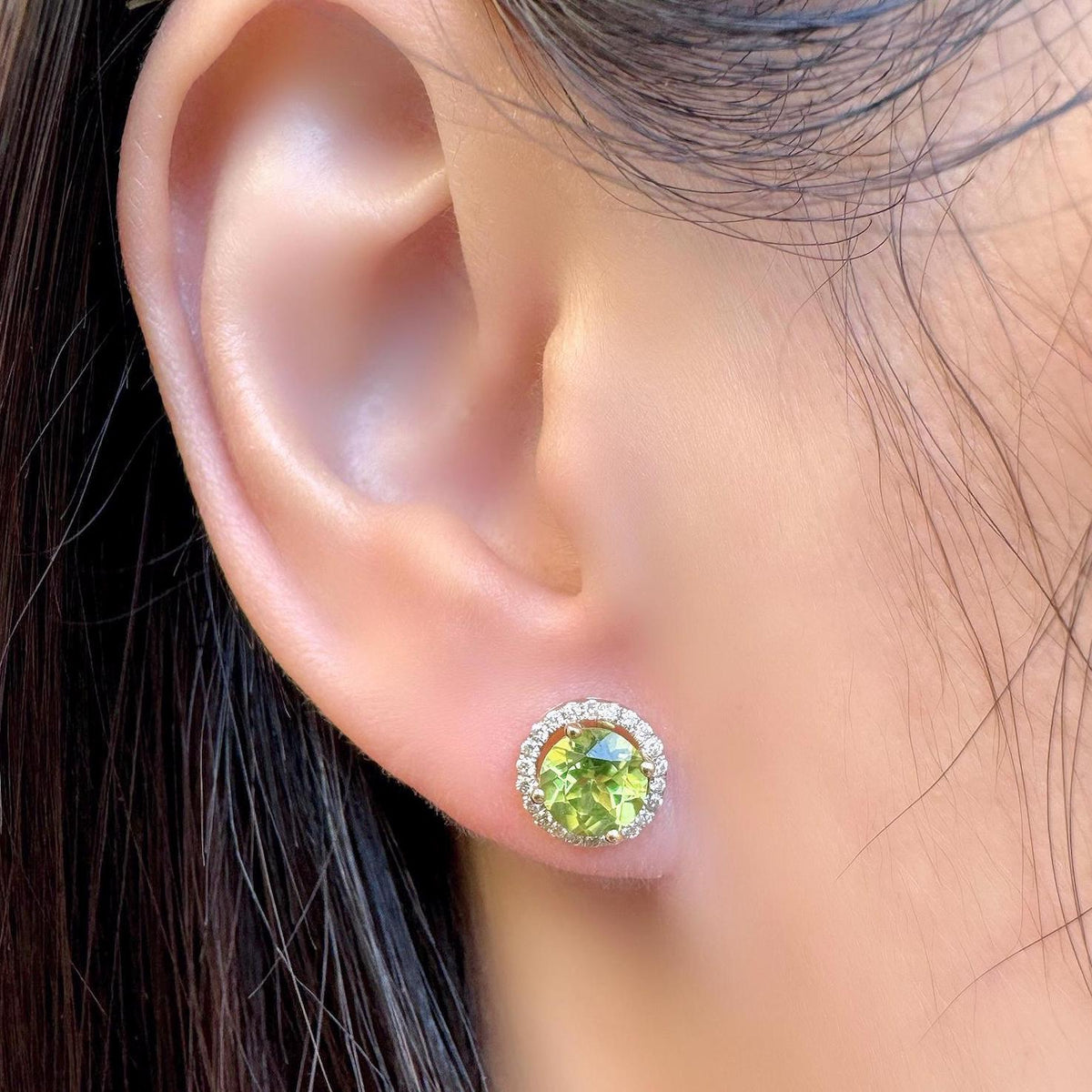 Genuine Peridot and Diamond Round Stud Earrings in 14k Solid Gold