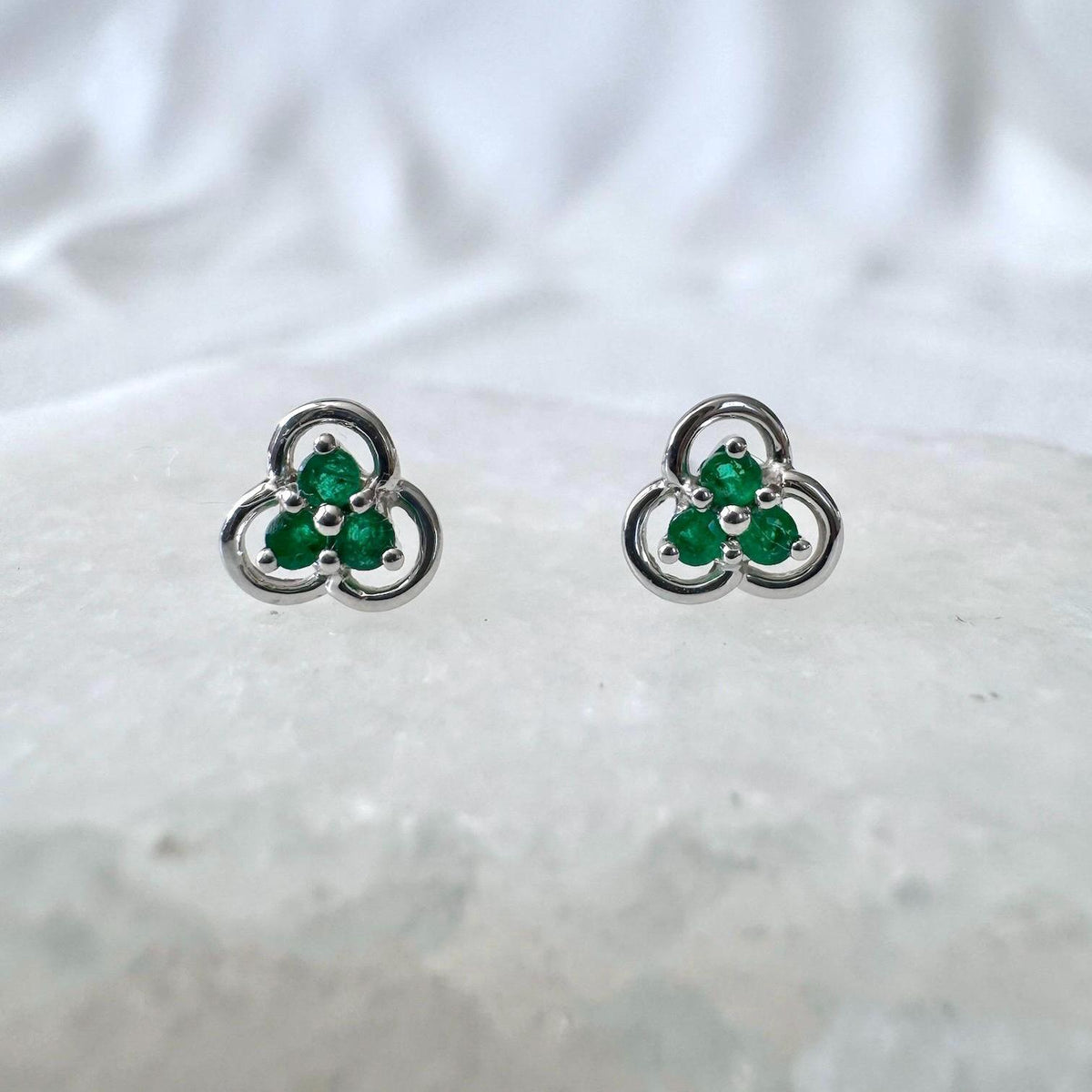 Emerald Trio Clover Stud Earrings | 14k Solid Gold