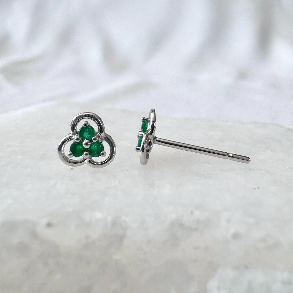Emerald Trio Clover Stud Earrings | 14k Solid Gold