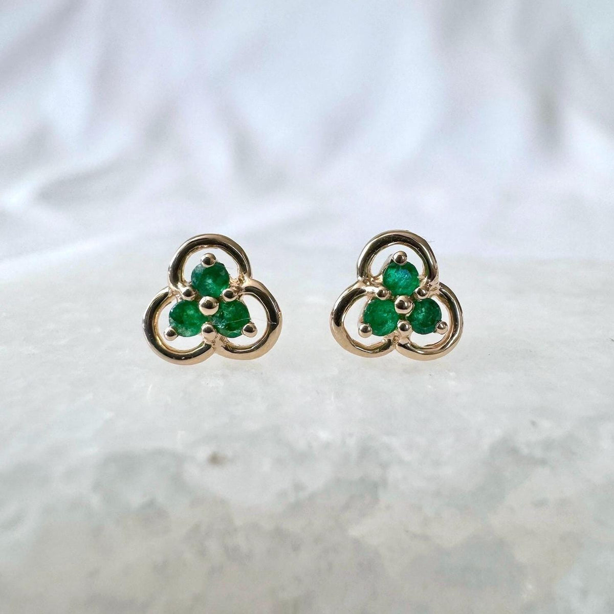 Emerald Trio Clover Stud Earrings | 14k Solid Gold
