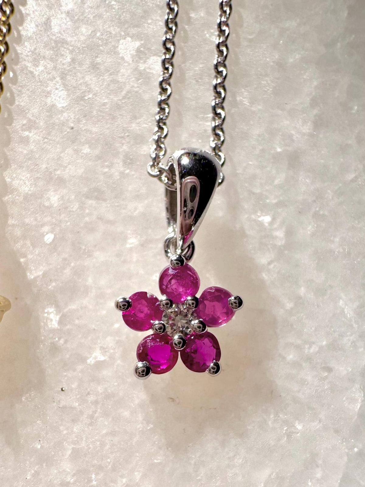 Genuine Ruby and Diamond Flower Pendant (Mini) | 14k Solid Gold