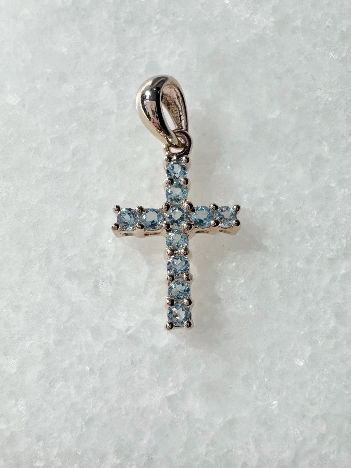 Genuine Aquamarine Cross Pendant (Mini) / 14K Solid Gold
