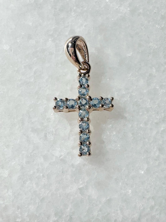 Genuine Aquamarine Cross Pendant (Mini) / 14K Solid Gold