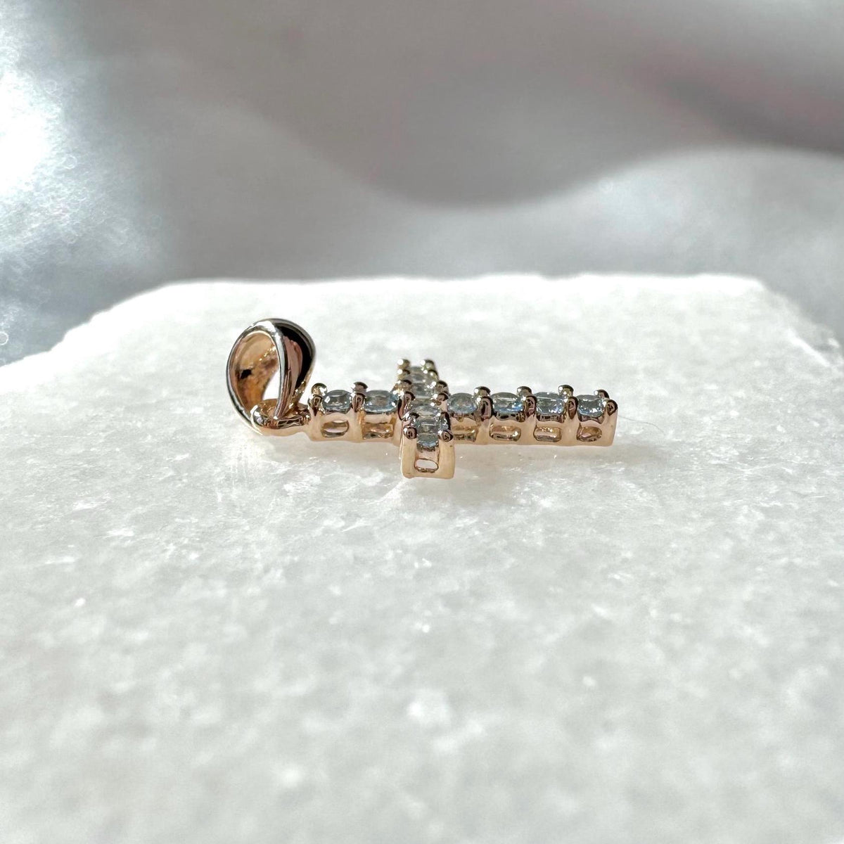 Genuine Aquamarine Cross Pendant (Mini) / 14K Solid Gold