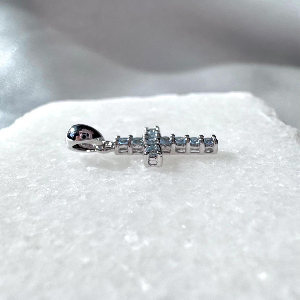 Genuine Aquamarine Cross Pendant (Mini) / 14K Solid Gold