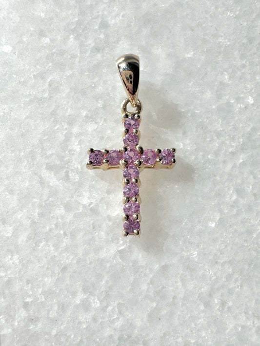 Genuine Pink Sapphire Cross Pendant (Mini) / 14k Solid Gold