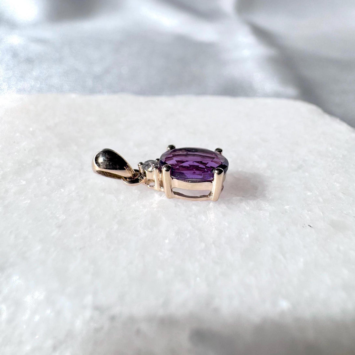 Genuine Amethyst and Diamond Oval Cut Pendant | 14k Solid Gold