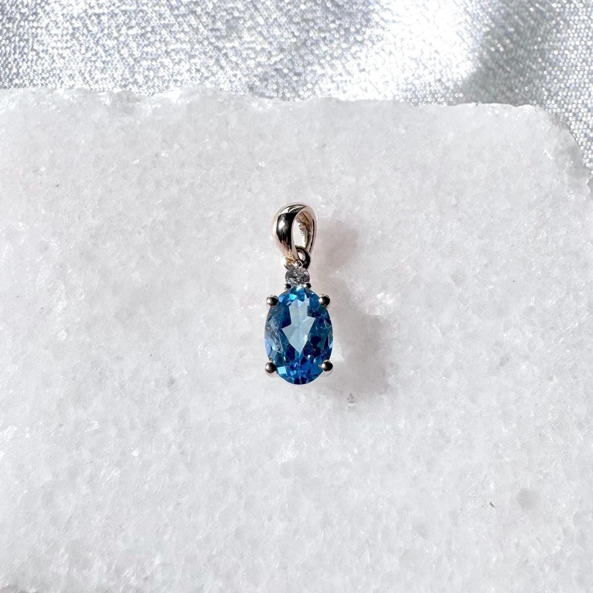 Genuine Blue Topaz and Diamond Oval Cut Pendant / 14k Solid Gold