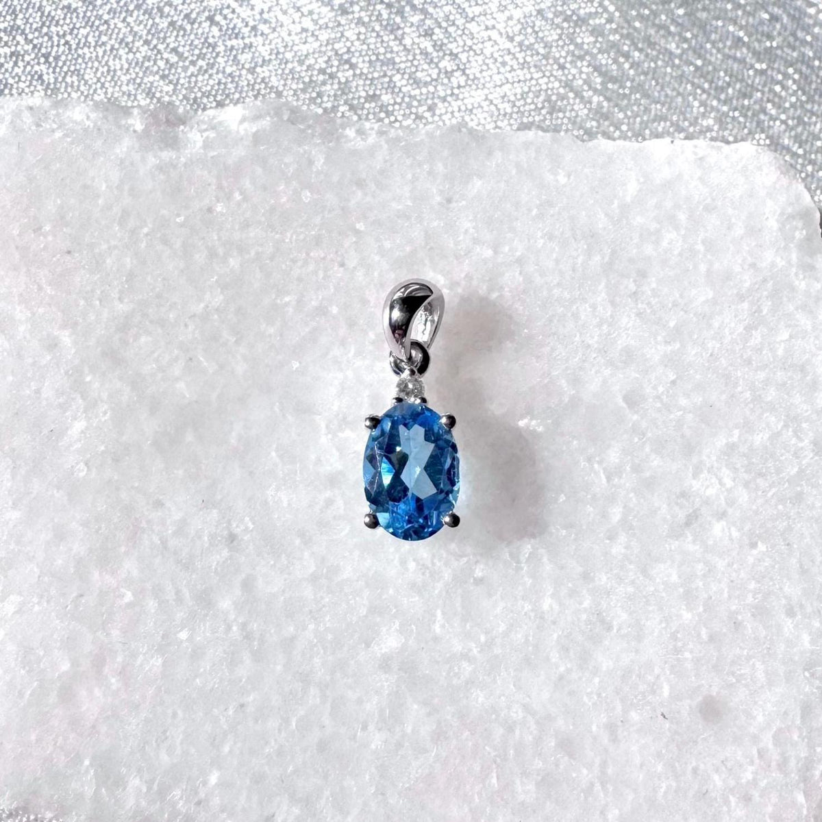 Genuine Blue Topaz and Diamond Oval Cut Pendant / 14k Solid Gold