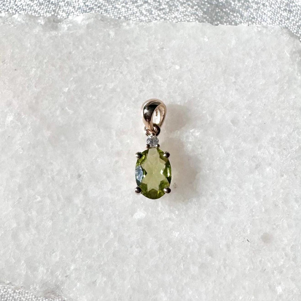Genuine Peridot and Diamond Oval Cut Pendant / 14k Solid Gold