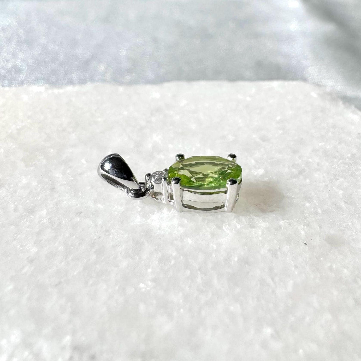 Genuine Peridot and Diamond Oval Cut Pendant / 14k Solid Gold