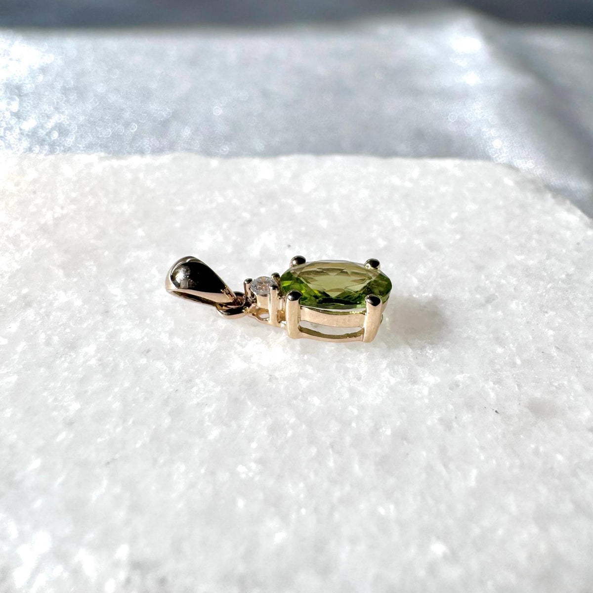 Genuine Peridot and Diamond Oval Cut Pendant / 14k Solid Gold