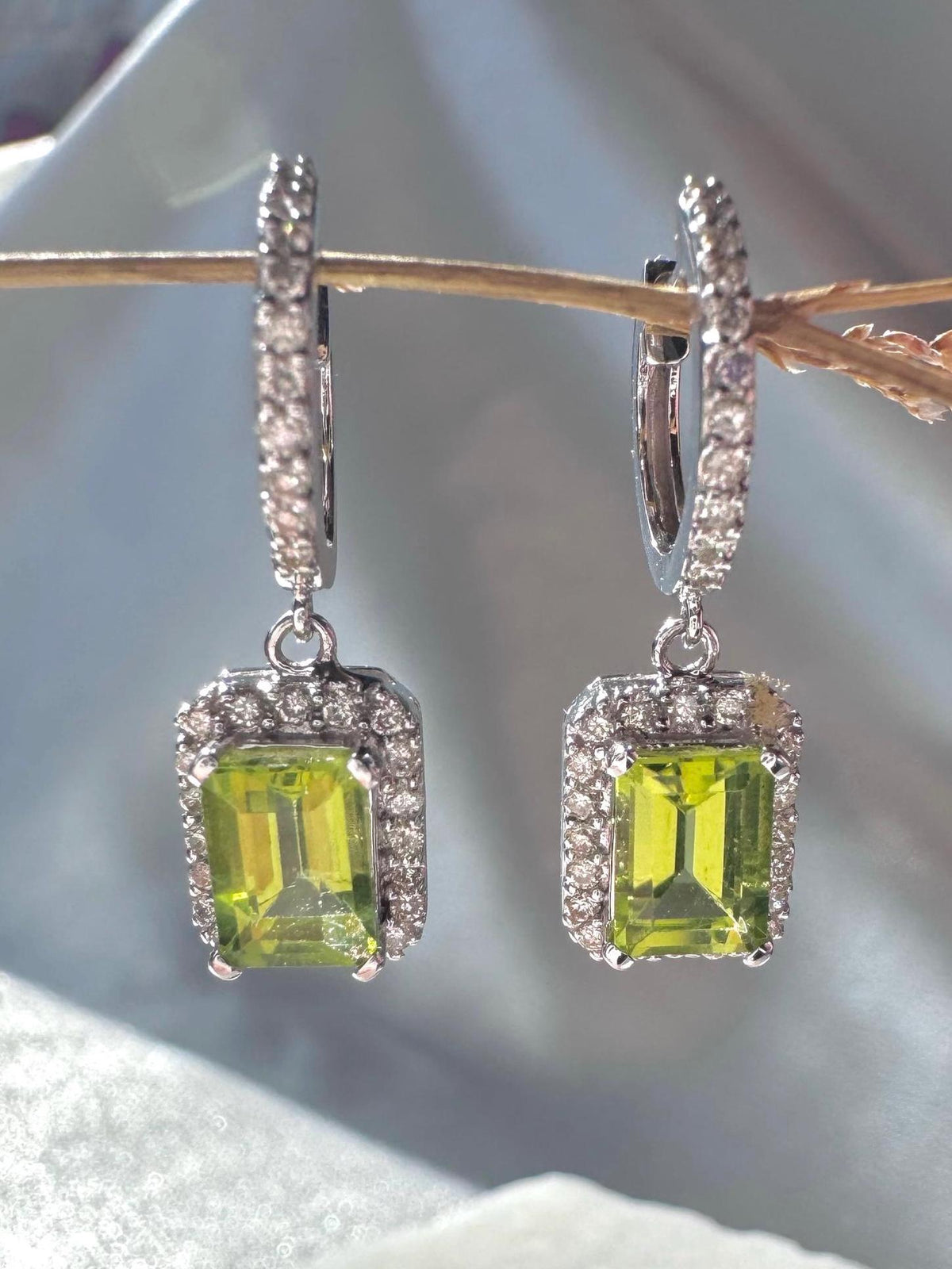 Genuine Peridot Emerald Cut Dangle Hoops in 14k Solid Gold