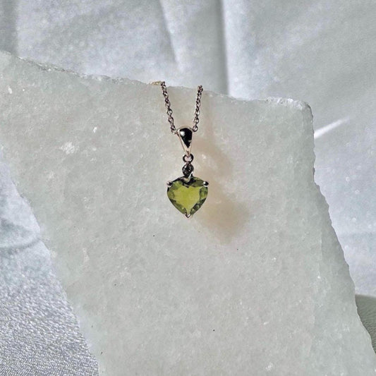 Genuine Peridot and Diamond Heart Pendant / 14k Solid Gold