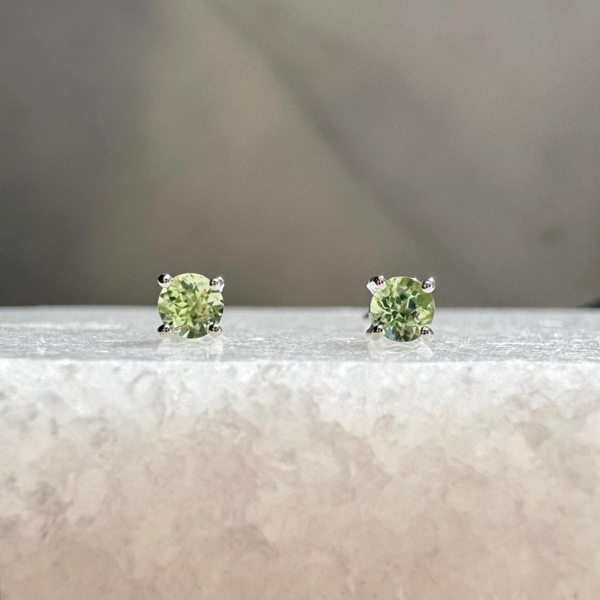 Genuine Peridot 3 mm Round Cut Solitaire Stud Earrings / 14k Solid Gold