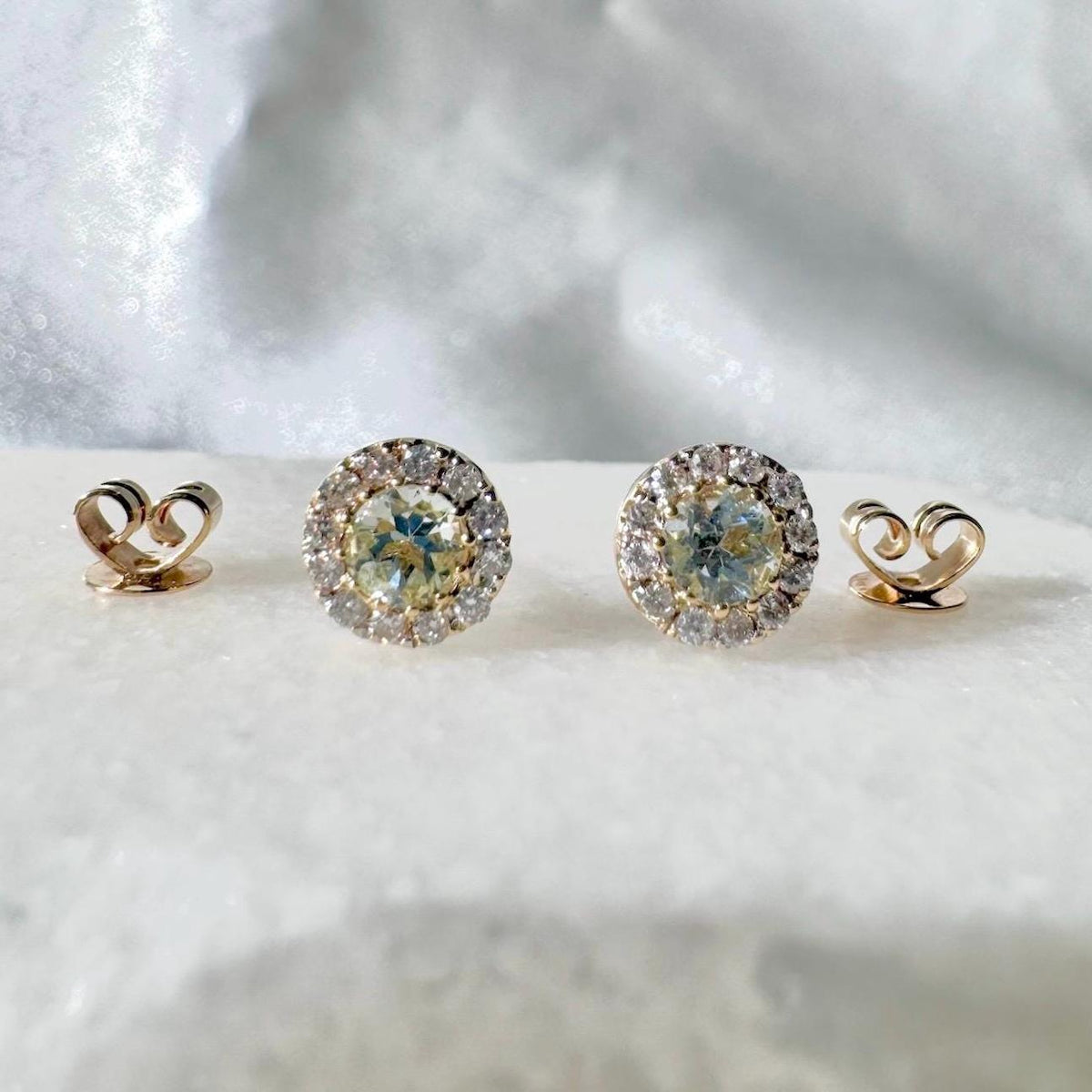Genuine Aquamarine and Diamond Halo Round Studs in 18k Solid Gold