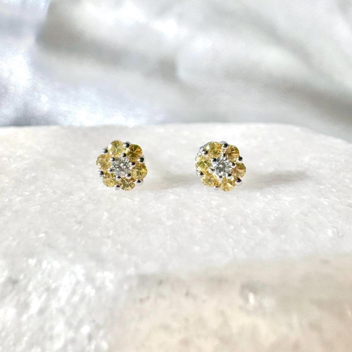 Genuine Yellow Sapphire Diamond Flower Stud Earrings, 18k or 14k Solid Gold, September Birthstone