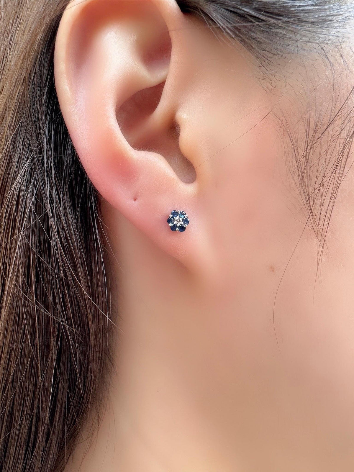 Genuine Sapphire and Diamond Flower Stud Earrings in 14k Solid Gold