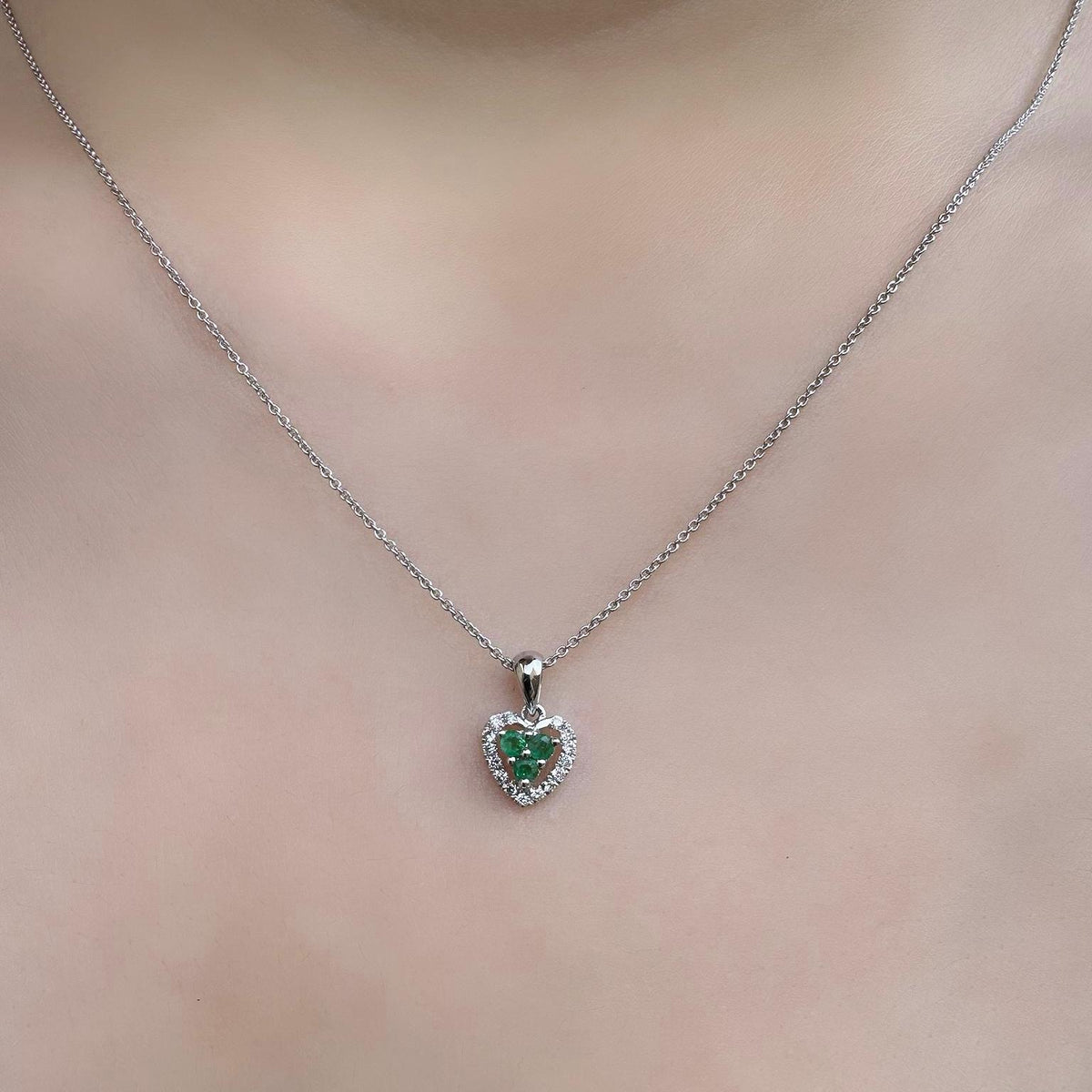 Genuine Emerald and Diamond Heart Halo Pendant, 14k Solid Gold, May Birthstone, Gift for Her