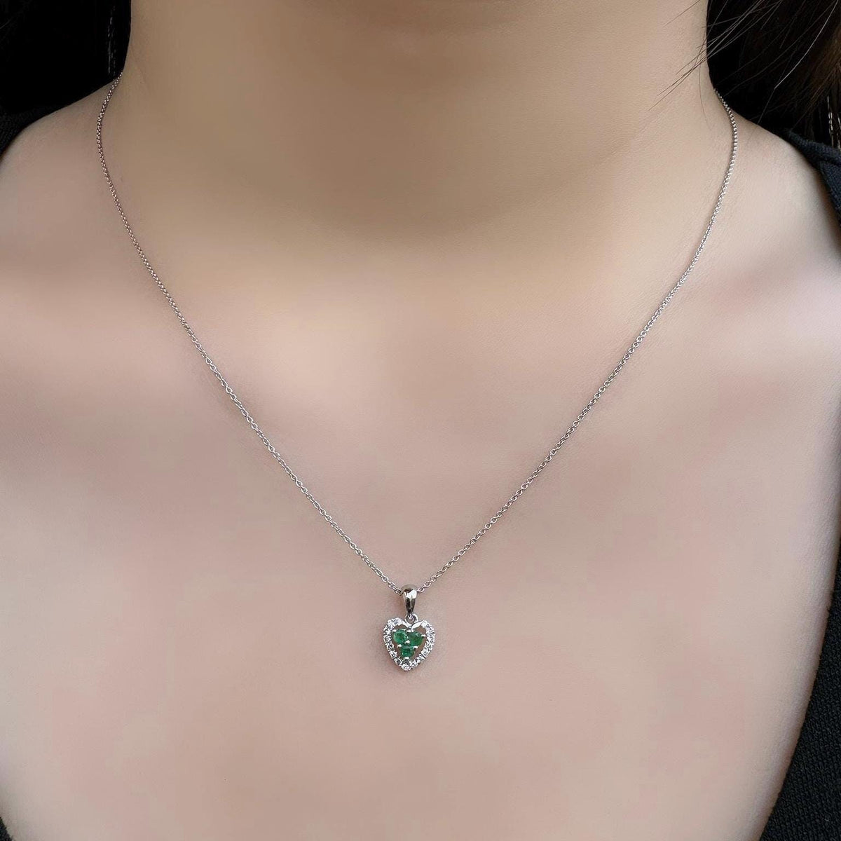 Genuine Emerald and Diamond Heart Halo Pendant, 14k Solid Gold, May Birthstone, Gift for Her
