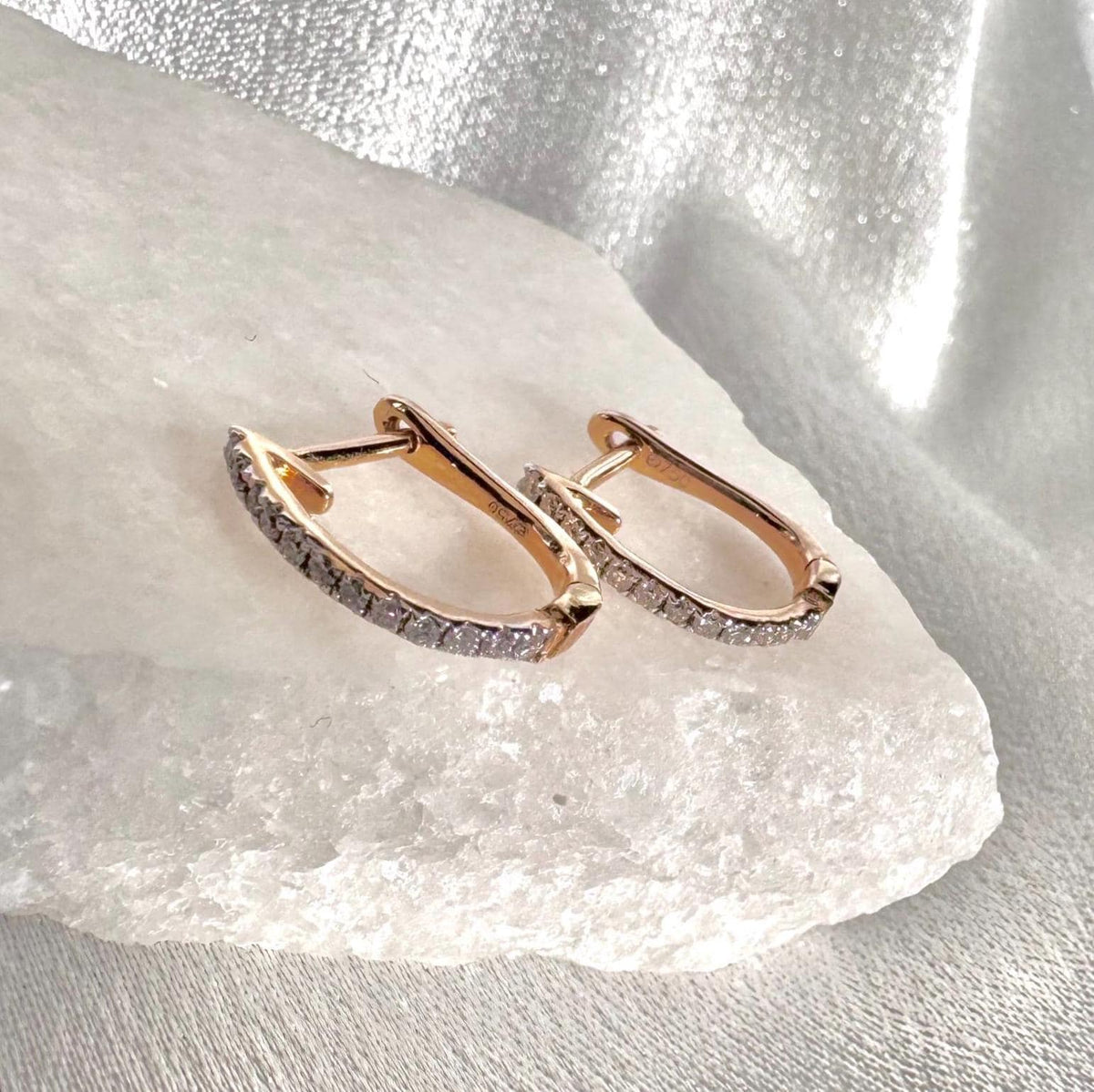 Genuine Dainty Diamond Latchback Hoop Earrings, 18k Solid Gold, April Birthstone Gift