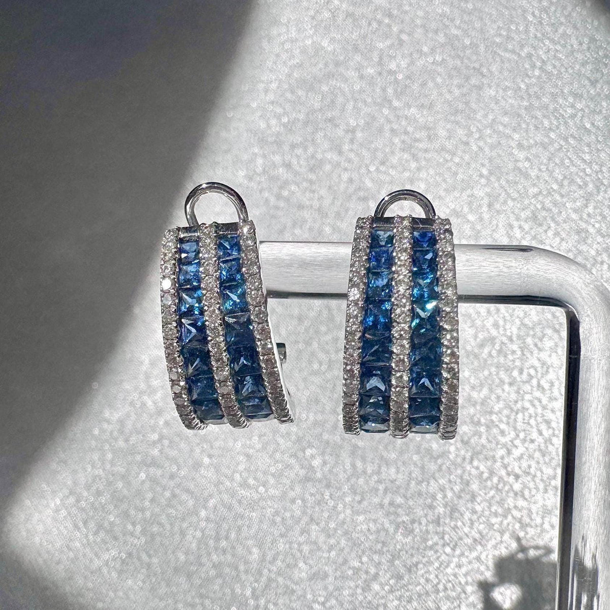 Genuine Large Sapphire and Diamond Semidome Earrings / 14k Solid White Gold