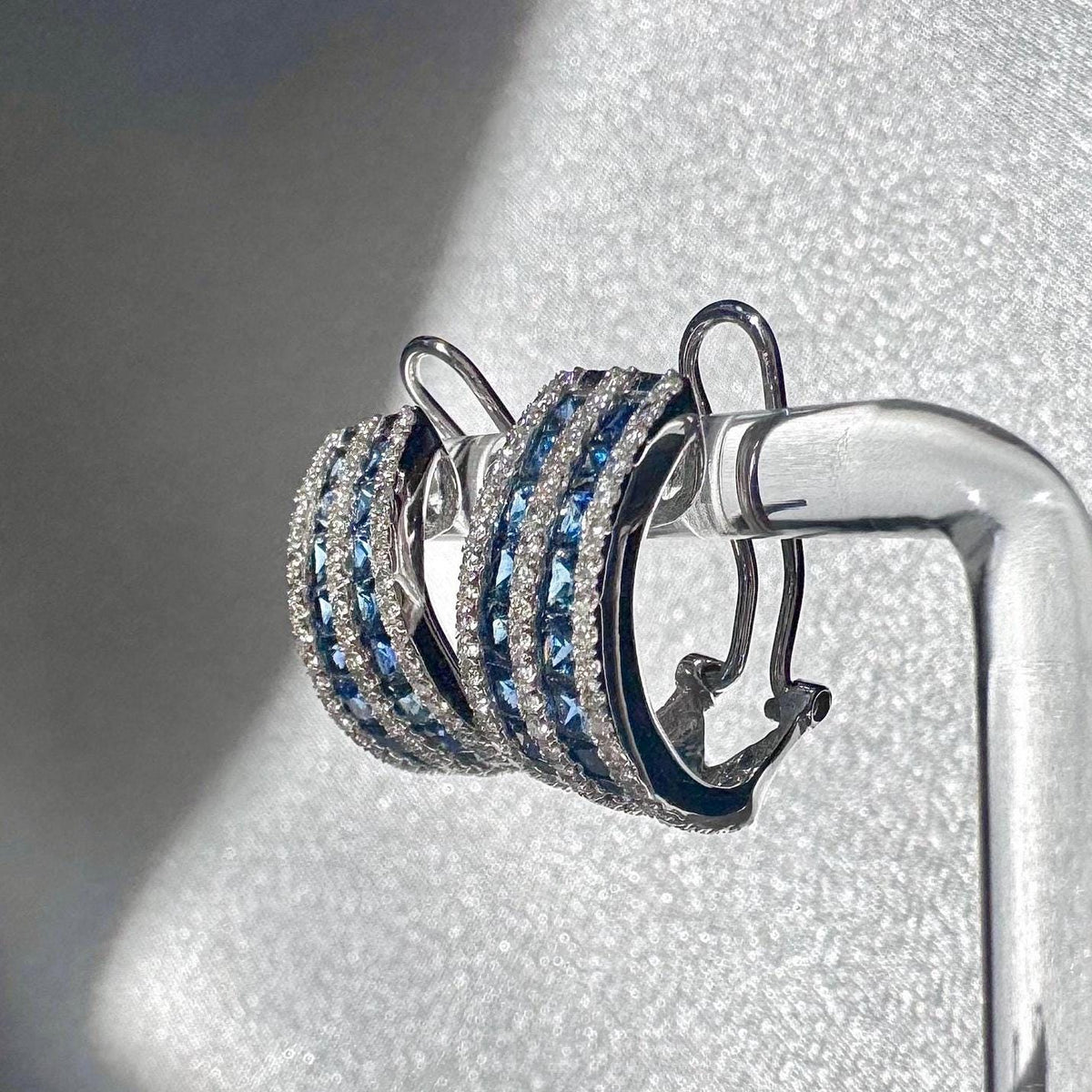 Genuine Large Sapphire and Diamond Semidome Earrings / 14k Solid White Gold