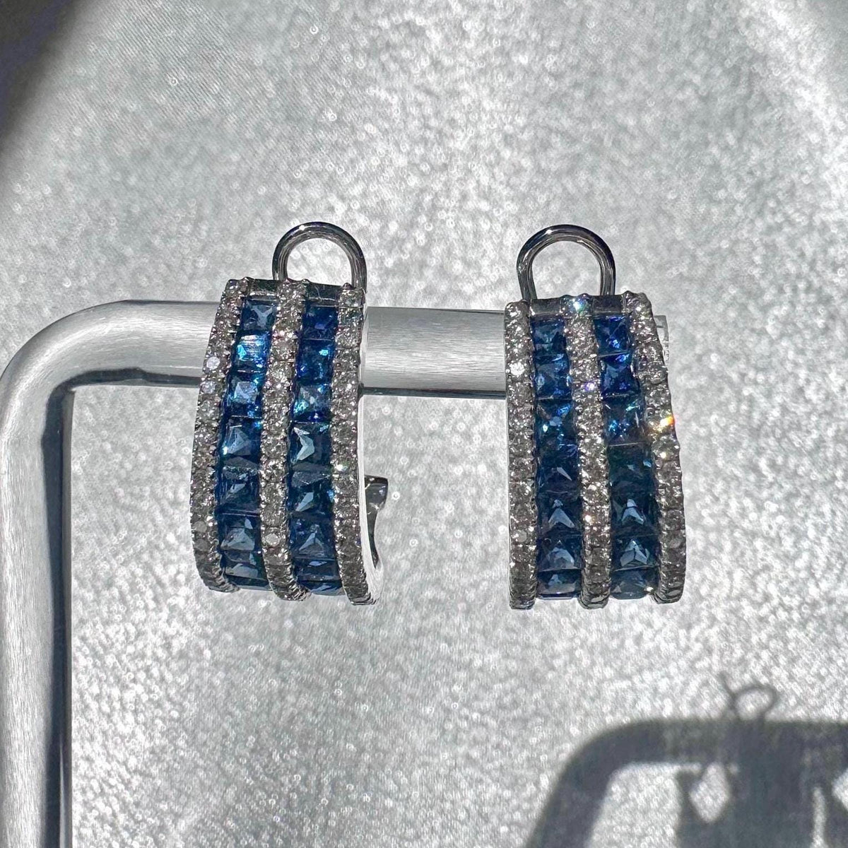 Genuine Large Sapphire and Diamond Semidome Earrings / 14k Solid White Gold