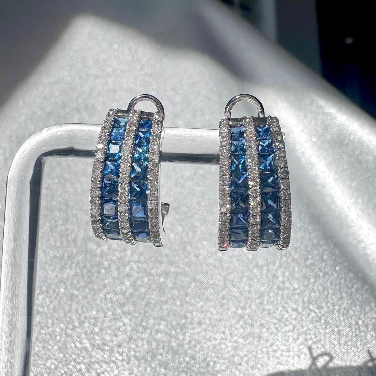 Genuine Large Sapphire and Diamond Semidome Earrings / 14k Solid White Gold