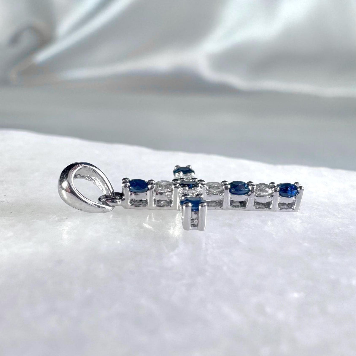 14k White Gold Sapphire Diamond Cross Pendant, September Birthstone Jewelry