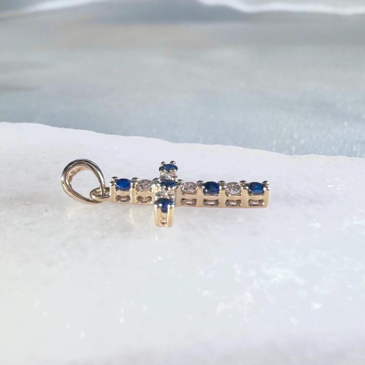 14k White Gold Sapphire Diamond Cross Pendant, September Birthstone Jewelry