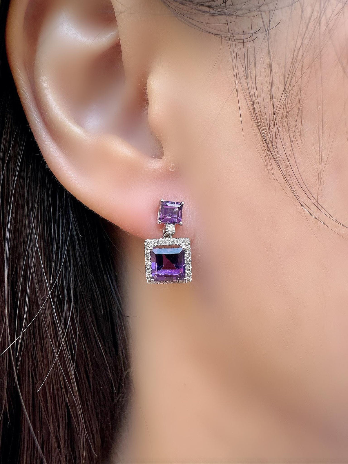 Genuine Amethyst and Diamond Dangle Earrings in 14k Solid Gold