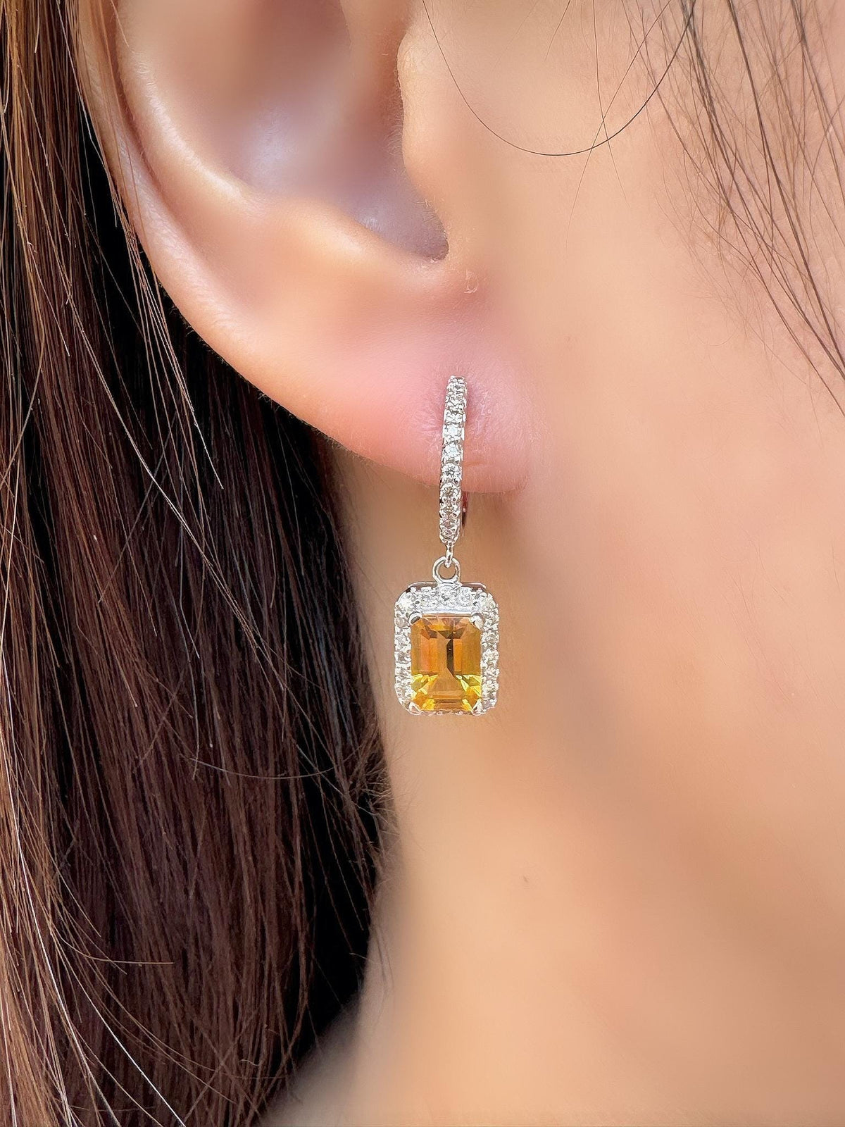 Genuine Citrine Emerald Cut Dangle Hoops, 14k Solid Gold, November Birthstone