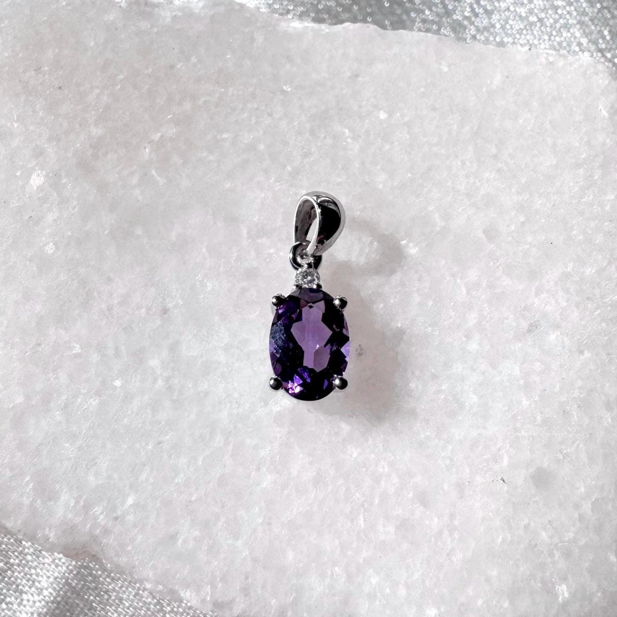 Genuine Amethyst and Diamond Oval Cut Pendant | 14k Solid Gold