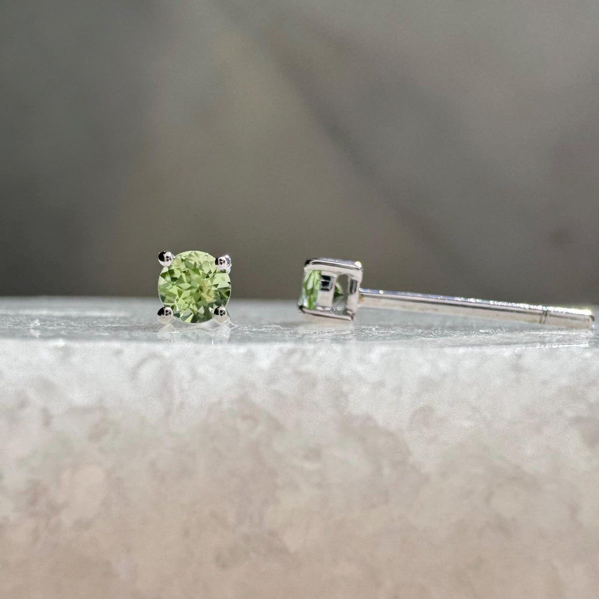 Genuine Peridot 3 mm Round Cut Solitaire Stud Earrings / 14k Solid Gold