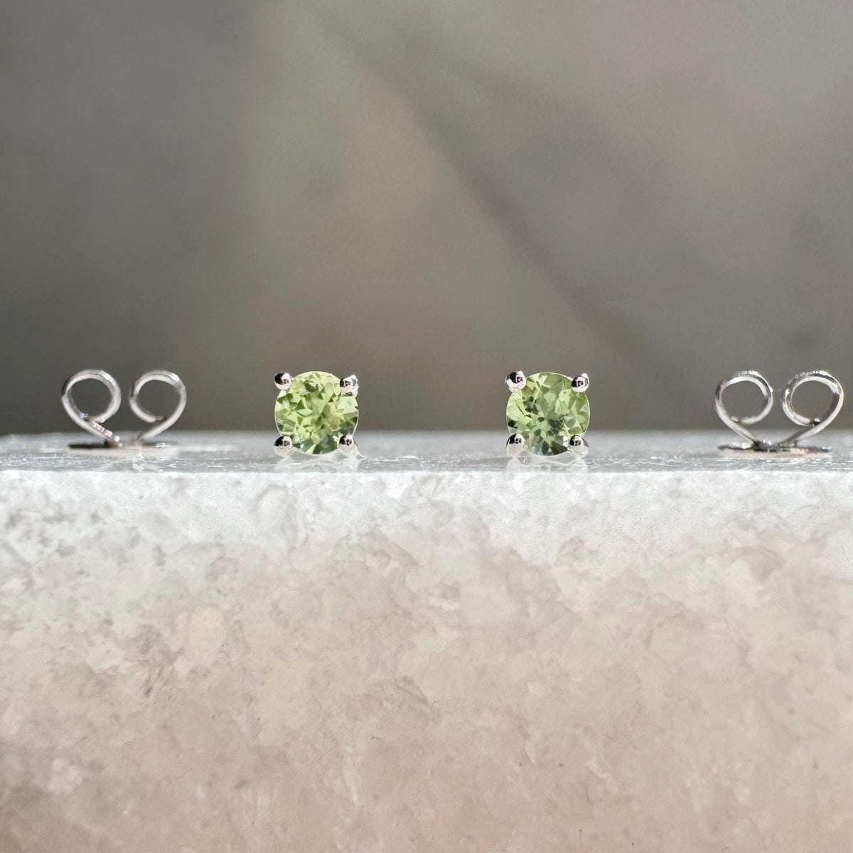 Genuine Peridot 3 mm Round Cut Solitaire Stud Earrings / 14k Solid Gold