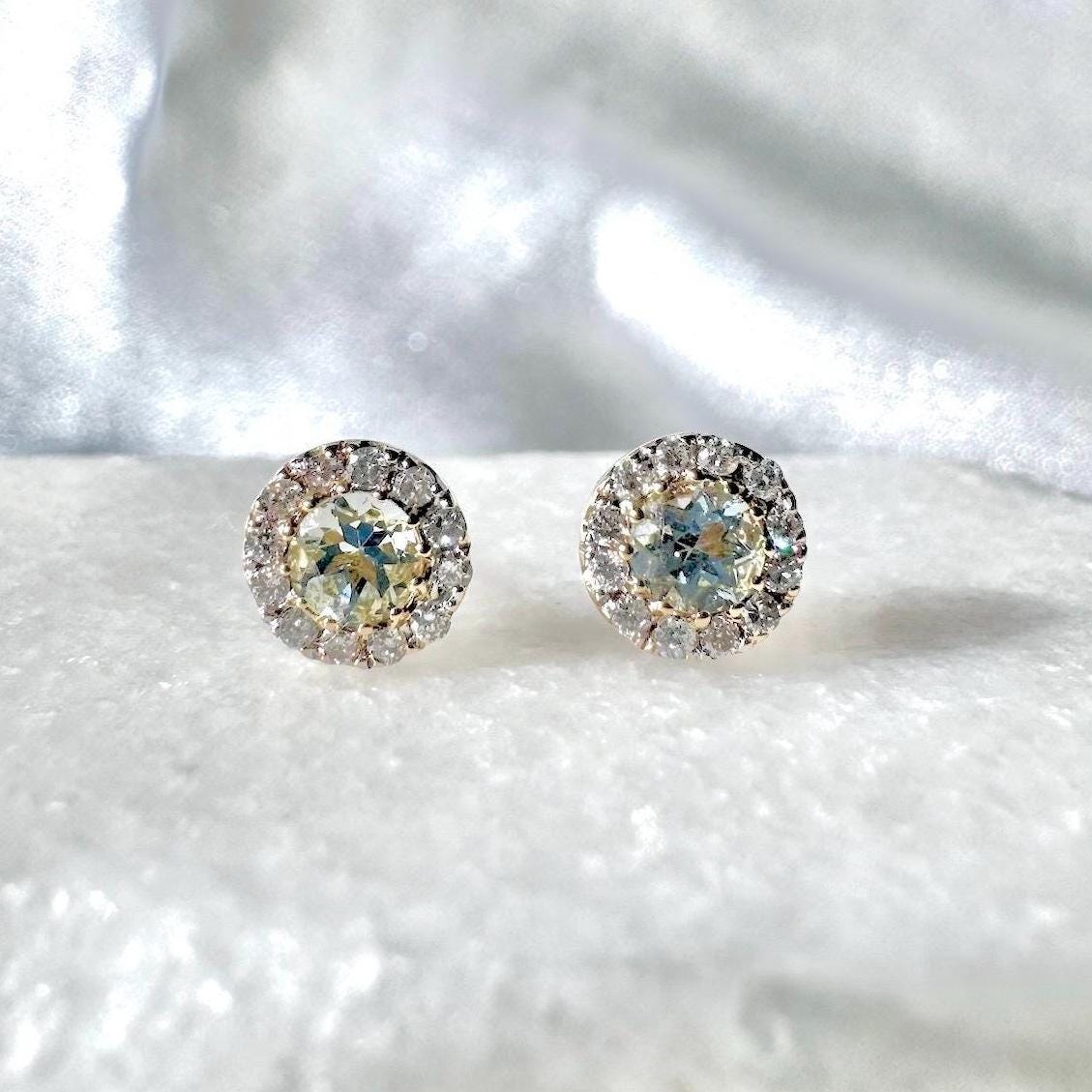Genuine Aquamarine and Diamond Halo Round Studs in 18k Solid Gold